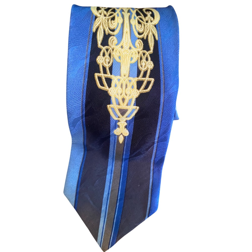 Enrico Capucci‎ Blue Striped Silk Tie Gold Baroque Chandelier Emblem Hand Made